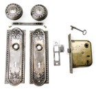 Antique Door Set Victorian   Eastlake Backplate Knob Mortise Lock Key Reclaimed
