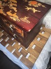 Vtg Mcm Asian Cherry Wood Carved Birds Abalone Shell Jewelry Box 