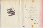 Cat Kitten Holding Yellow Daisies  Vintage 1940 Birthday Greeting Card  Flocked