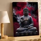 Serene  Dark Stone Buddha Statue Seated In A Meditative Pose  With Wall Art