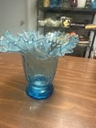 Vintage Blue Bubble Optic Ruffled Art Glass Vase 7 5    Handblown Crimped Edge