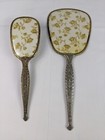Vtg Victorian Nylon Hand Brush   Mirror Floral Gold Silver Vanity Dresser Prop