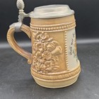 German Lidded Beer Stein W  Pewter Lid  Floral Relief  Bavarian Crest Text