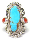 Navajo 2 Stone Side Coral Turquoise Sterling Silver Ring Size 7 Native American