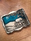 Vintage Western Scene Blue Enamel Mother Horse   Foal Belt Buckle Stamped 2041