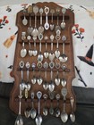 Collectible Souvenir Spoon Lot  Silver Metal Spoons W  Brown Wooden Display Rack
