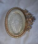 Matson Soap Dish Gold Tone Metal Ornate Filigree W pressed Glass Insert Mcm