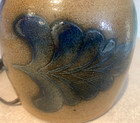 Vintage Pottery Folk Art Glazed Cobalt Blue Leaf Beige Jug Table Lamp Vintage