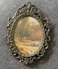 Vintage Made In Italy Ornate Oval Frame Art Plaque   Brass Filigree Wall Decor