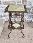 Antique 2 Tier Cast Iron Baroque Floral Onyx Marble Plant Stand Lamp End Table
