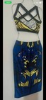 Women   s Blue Yellow Abstract Print Crop Top   Midi Skirt Set Size Large