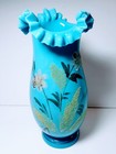 Antique Victorian Bristol Hand Blown Blue Opaline Vase Floral 9 Inch