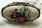 Vtg Oval Porcelain   Gold-toned Metal Mirrored Lipstick Holder Courting Couple