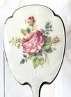 Vintage 1930s English Guilloche Enamel Hand Mirror Floral Silver Plate Vanity Vg