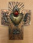 Pair Of Handmade Mexican Folk Art Punched Tin Crosses With Milagros