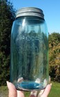 Vintage Antique Red Key Mason Quart Fruit Canning Jar Aqua Glass W  Zinc Lid