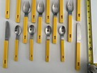 Vintage Mcm Stainless Flatware Set Yellow Handle Hong Kong 16 Pc Retro Utensils
