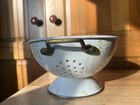 Vintage Enamelware White Colander With Yellow Flowers With Brass Handles
