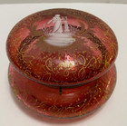 Bohemia Cranberry Glass Gold Paste Dresser Box Vtg Mary Gregory Maiden   Harp