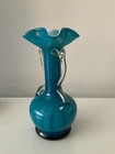Vintage Mcm Cased Blue white Glass Vase With Swirl Pattern And Ruffled Edges