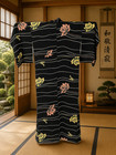 Vintage Japanese Kimono Black Floral Stripe Robe Flowers Family Collecection