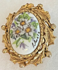 Vintage Floral Porcelain Brooch Gold Tone Pin Artist Signed Spring Flowers 1990s