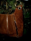 Maxx Ny espresso Suede patent Leather gold hobo Shoulder Tote Bag  new 16 w12 h