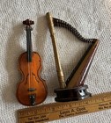 3 Vintage Miniature 5  Violin   Cello   Harp Instruments Hand Made Carved Wood