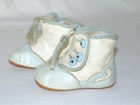 Antique Leather Glass Side Button Scrollwork Baby Shoes Wtassles Blue   White