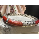 Vintage Sarda Red Coral Inlay Sterling Silver 925 Hinged Bangle Bracelet Bali