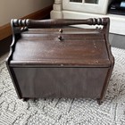 Vintage Wooden Sewing Box Basket 2 Hinged Door Lids Carrying Handle Spool Ledge