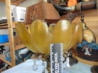 Antique Brass Glass Amber Bowl Pedestal Cherub Wine Grape Carrying Fruit