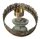 Vtg Filigree Mirror Vanity Tray Gold   Light Blue Floral Oval Perfume Tray