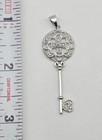 Vintage Sterling Silver Antique Skeleton Key Floral Cz Inlay Pendant - 3 0g