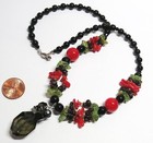 Red Coral Black Onyx Green Prehenite Garnet Quartz Southwest Pendant Necklace