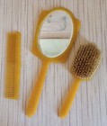 Vintage Etched Butterscotch Bakelite Celluloid Vanity Set Brush Comb Mirror 