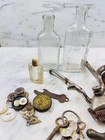 Vintage Antique Junk Drawer Lot Apothecary Bottles Skeleton Keys Hair Clippers