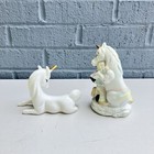 Vintage Lot Of 2 Unicorn Figurines Porcelain Glossy White Gold Horn Enesco