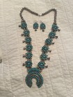 Zuni Native American Sterling Silver   Turquoise Squash Blossom Necklace Set