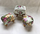 3 Small Retro Porcelain Footed Trinket Boxes Floral Motif