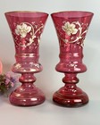 Antique Bohemian Glass Trumpet Vases Cranberry Enamel Flowers Gilt 8    Late19thc