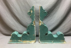 Pair Antique Wood Corbel Roof Bracket Victorian Shabby Green Vtg Chic Old 73-25b