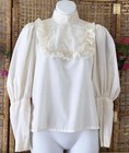 Vtg 70s High Neck Lace Ruffle Bodice Victorian Style Ivory Cotton Blouse S