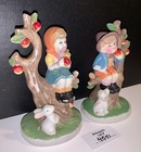 2 Vintage Ceramic Boy   Girl Apple Tree Figurines - Read