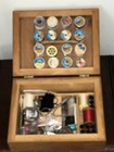 Old Wooden Sewing Box Unique Buttons Antique Needles Spools   Tools Vtg