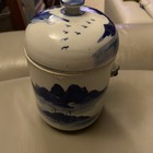 Vintage Chinese Blue   White Hand Painted Village Mountain Tea Caddy With Lid