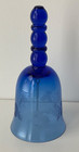 Vintage Cobalt Blue Glass Bell With Etched Floral Motif stacked Orb Handle 