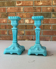 Pair Of Antique French Blue Milk Glass Candle Sticks