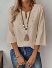Womens Cotton Linen Blouse 3 4 Sleeve V Neck Lace Casual Loose Fit Tunic Tops