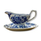  31 Neiman Marcus Assorted Blue   White Porcelain Gravy Boat   Stand Set
